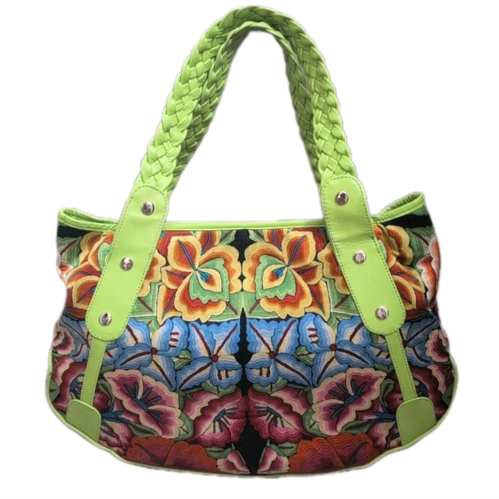 Pineda Covalin Colorful Pink Green Floral Tote Bag Purse 100% Silk Excellent